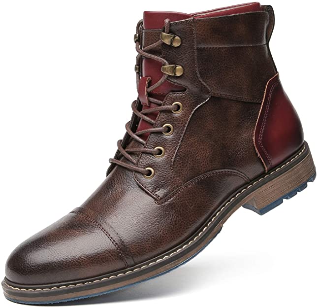 Stylish Brown Leather Combat Boot for Women with Cap Toe Lace Up Side Zip Style
