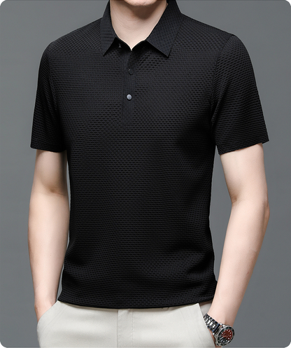 Elegant Textured Knit Polo Shirt for Women with Spread Collar Long Sleeve Button Placket Relaxed Style