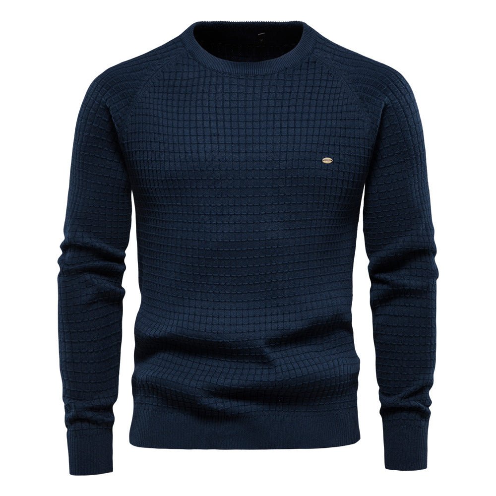 Comfortable Navy Waffle Knit Sweater for Women with Crew Neck Long Sleeve Ribbed Cuff Relaxed Style