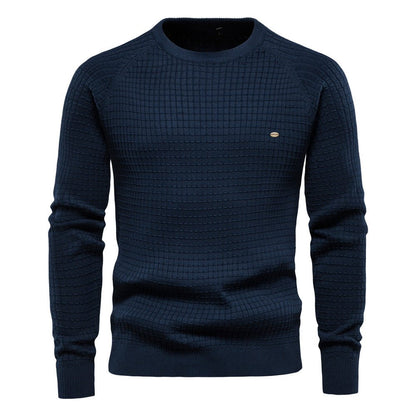 Comfortable Navy Waffle Knit Sweater for Women with Crew Neck Long Sleeve Ribbed Cuff Relaxed Style