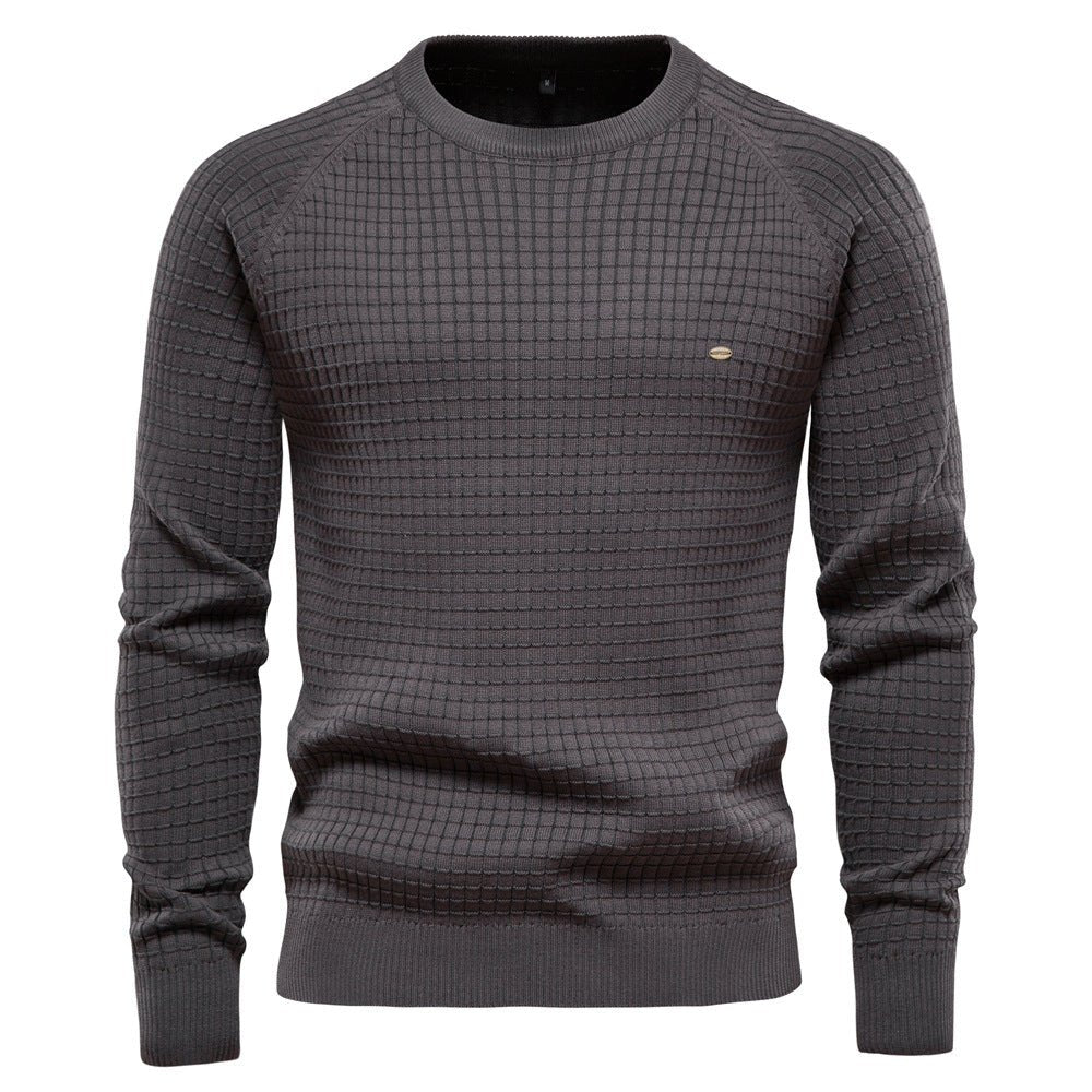 Comfortable Navy Waffle Knit Sweater for Women with Crew Neck Long Sleeve Ribbed Cuff Relaxed Style
