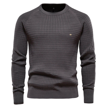 Comfortable Navy Waffle Knit Sweater for Women with Crew Neck Long Sleeve Ribbed Cuff Relaxed Style