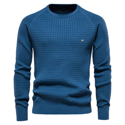 Comfortable Navy Waffle Knit Sweater for Women with Crew Neck Long Sleeve Ribbed Cuff Relaxed Style