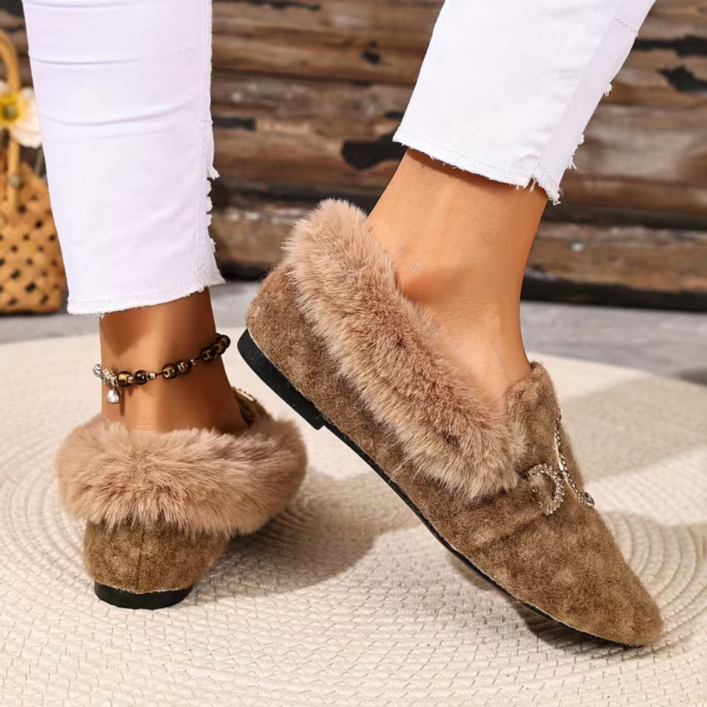 Comfortable House Shoes for Women with Faux Fur Trim Buckle Detail Round Toe Slip On Style
