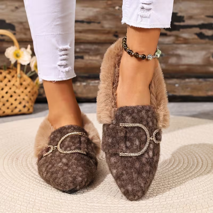 Comfortable House Shoes for Women with Faux Fur Trim Buckle Detail Round Toe Slip On Style