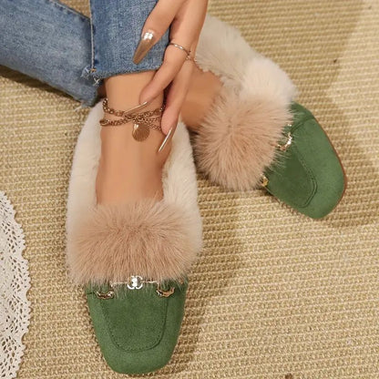 Comfortable Slippers for Women with Faux Fur Trim Chain Detail Suede Look Mule Style