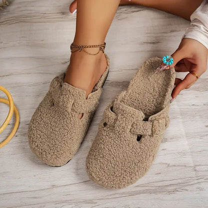 Comfortable Clogs for Women with Teddy Fleece Upper Buckle Strap Backless Slip On House Shoes