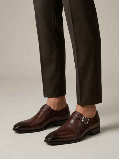 Elegant Brown Leather Monk Strap Shoe for Women with Croc Embossed Cap Toe Buckle Detail Formal Party Style