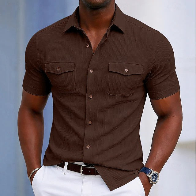 Effortless Ribbed Button Up Shirt for Women with Collared Short Sleeve Chest Pocket Relaxed Casual Style