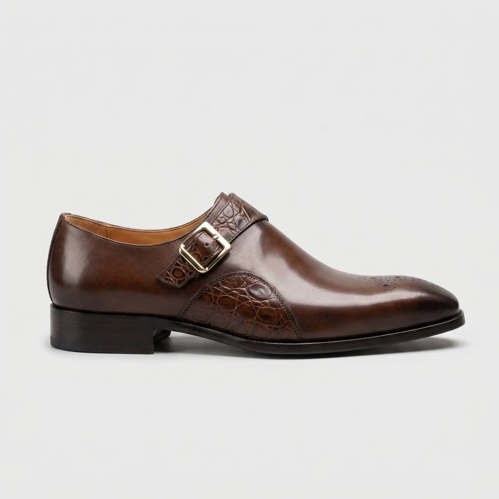 Elegant Brown Leather Monk Strap Shoe for Women with Croc Embossed Cap Toe Buckle Detail Formal Party Style