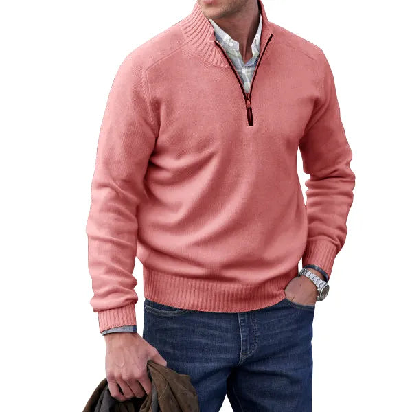 Comfortable White Knit Quarter Zip Sweater for Women with Mock Neck Long Sleeve Ribbed Trim Relaxed Style