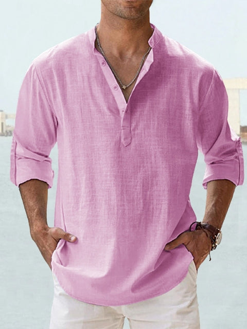 Effortless Linen Shirt for Women with Band Collar Long Sleeve Button Placket Relaxed Style