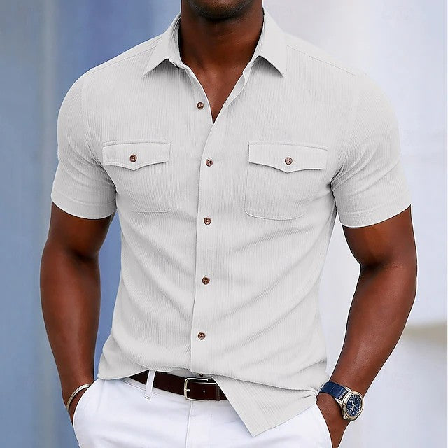 Effortless Ribbed Button Up Shirt for Women with Collared Short Sleeve Chest Pocket Relaxed Casual Style