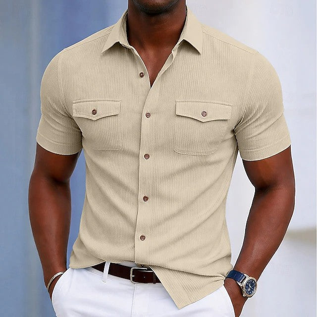 Effortless Ribbed Button Up Shirt for Women with Collared Short Sleeve Chest Pocket Relaxed Casual Style