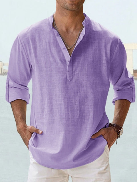 Effortless Linen Shirt for Women with Band Collar Long Sleeve Button Placket Relaxed Style