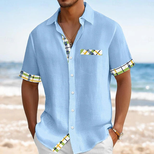 Effortless Plaid Trim Button Up Shirt for Women with Collar Short Sleeve Chest Pocket Casual Style