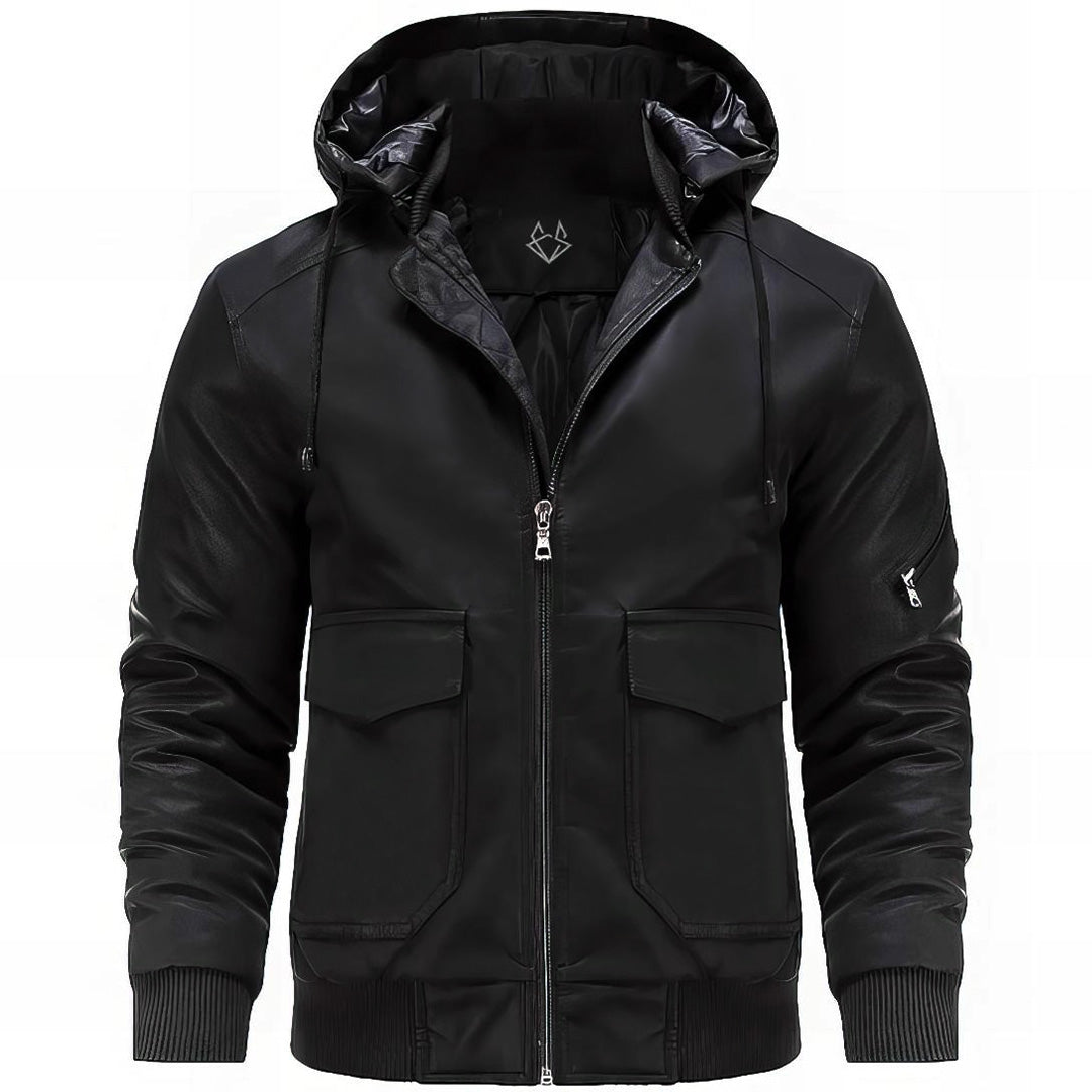 Effortless Faux Leather Jacket for Women with Hooded Long Sleeve Quilted Cargo Pocket Casual Style