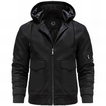 Effortless Faux Leather Jacket for Women with Hooded Long Sleeve Quilted Cargo Pocket Casual Style
