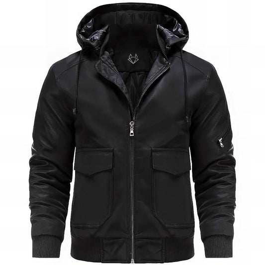 Effortless Faux Leather Jacket for Women with Hooded Long Sleeve Quilted Cargo Pocket Casual Style
