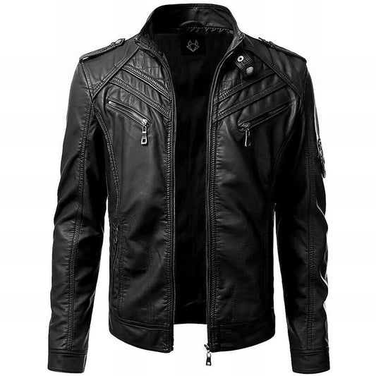 Stylish Black Leather Jacket for Women with Stand Collar Long Sleeve Quilted Shoulder Biker Style