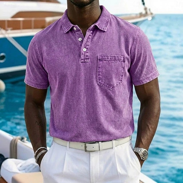 Effortless Washed Cotton Polo Shirt for Women with Collared Short Sleeve Button Placket Chest Pocket Casual Style