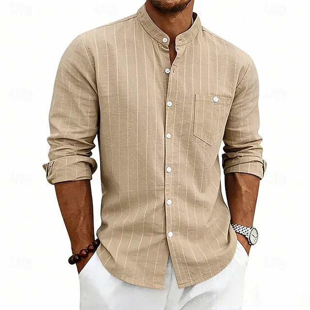 Effortless Striped Linen Shirt for Women with Band Collar Long Sleeve Chest Pocket Casual Style