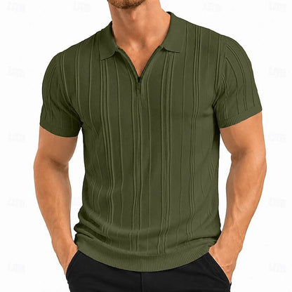 Comfortable Ribbed Knit Polo Shirt for Women with Zip Neck Short Sleeve Textured Fitted Casual Style