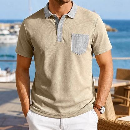 Effortless Waffle Knit Polo Shirt for Women with Contrast Collar Short Sleeve Chest Pocket Casual Style