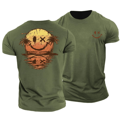 Effortless Sunset Smiley Graphic T-Shirt for Women with Crew Neck Short Sleeve Relaxed Casual Style