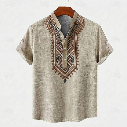 Effortless Embroidered Linen Blouse for Women with Stand Collar Short Sleeve Roll Tab Casual Style
