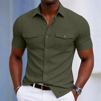 Effortless Ribbed Button Up Shirt for Women with Collared Short Sleeve Chest Pocket Relaxed Casual Style
