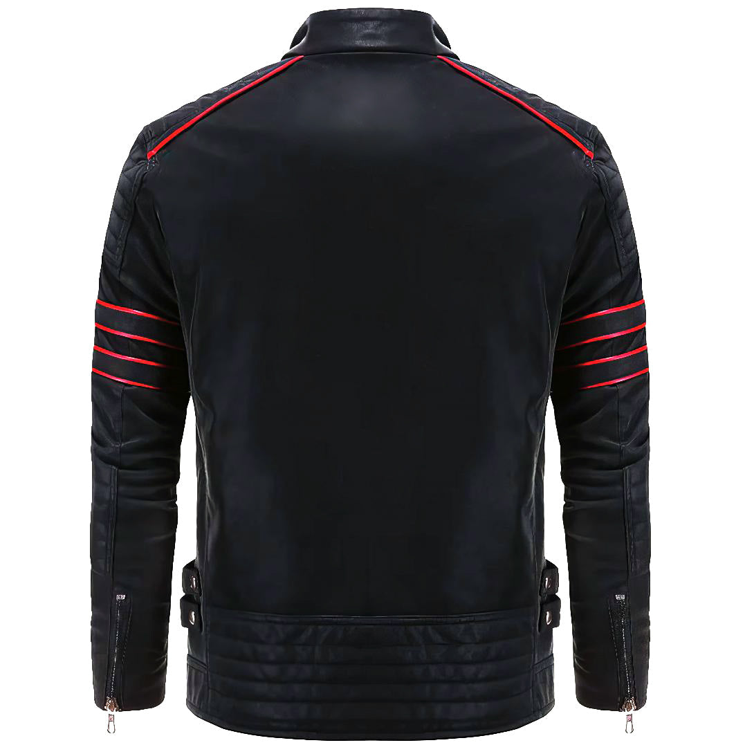 Elegant Black Leather Biker Jacket for Women with Stand Collar Long Sleeve Quilted Zip Casual Style