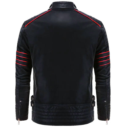 Elegant Black Leather Biker Jacket for Women with Stand Collar Long Sleeve Quilted Zip Casual Style