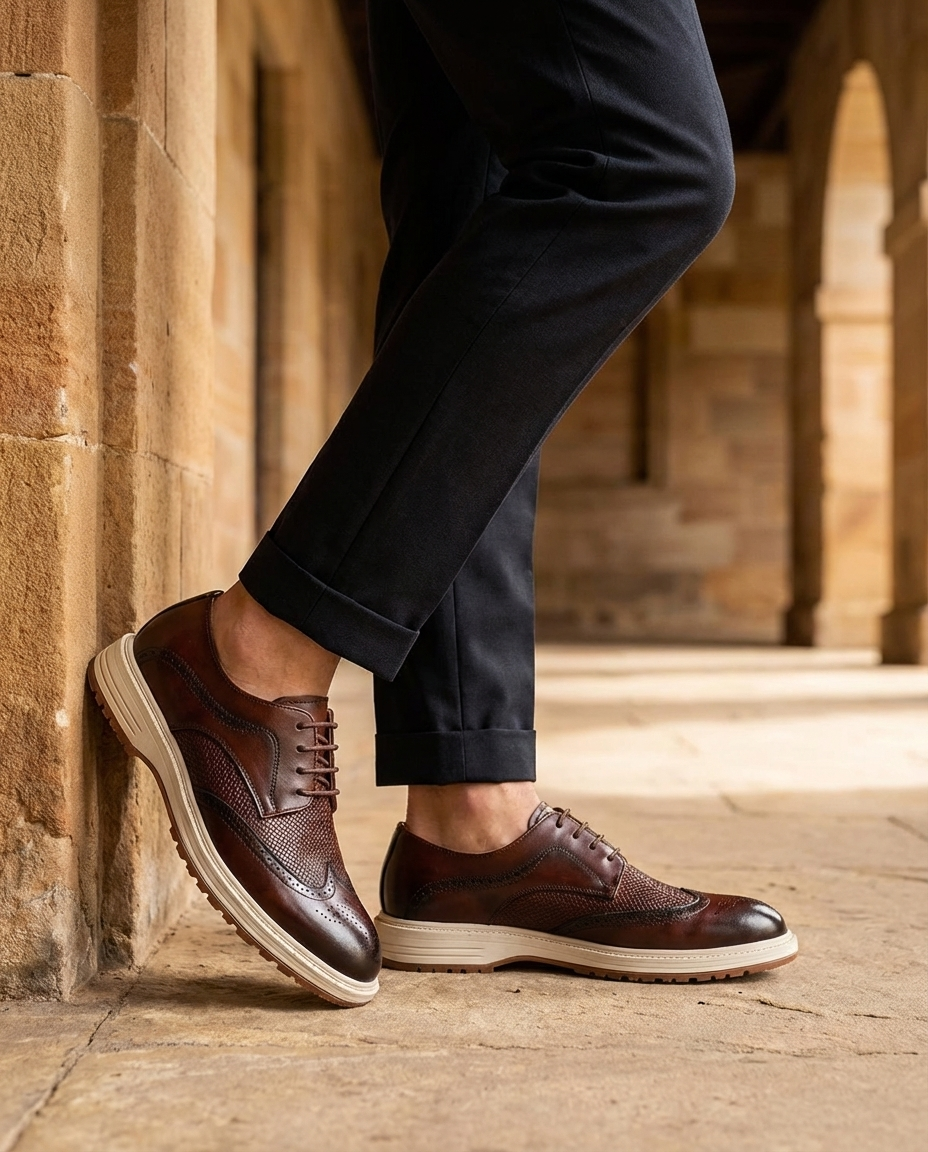 Stylish Leather Brogue Sneaker for Women with Wingtip Toe Lace Up Woven Panel Chunky Sole Style