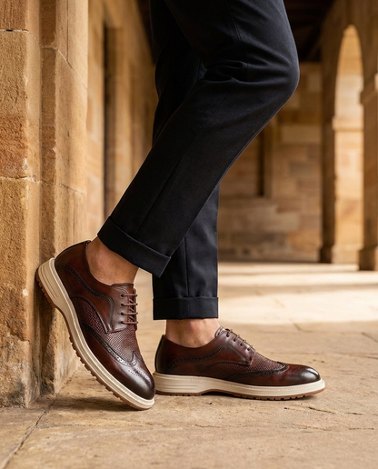 Stylish Leather Brogue Sneaker for Women with Wingtip Toe Lace Up Woven Panel Chunky Sole Style