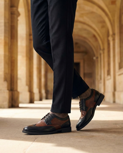 Elegant Two Tone Leather Wingtip Oxford Shoe for Women with Brogue Cap Toe Lace Up Style