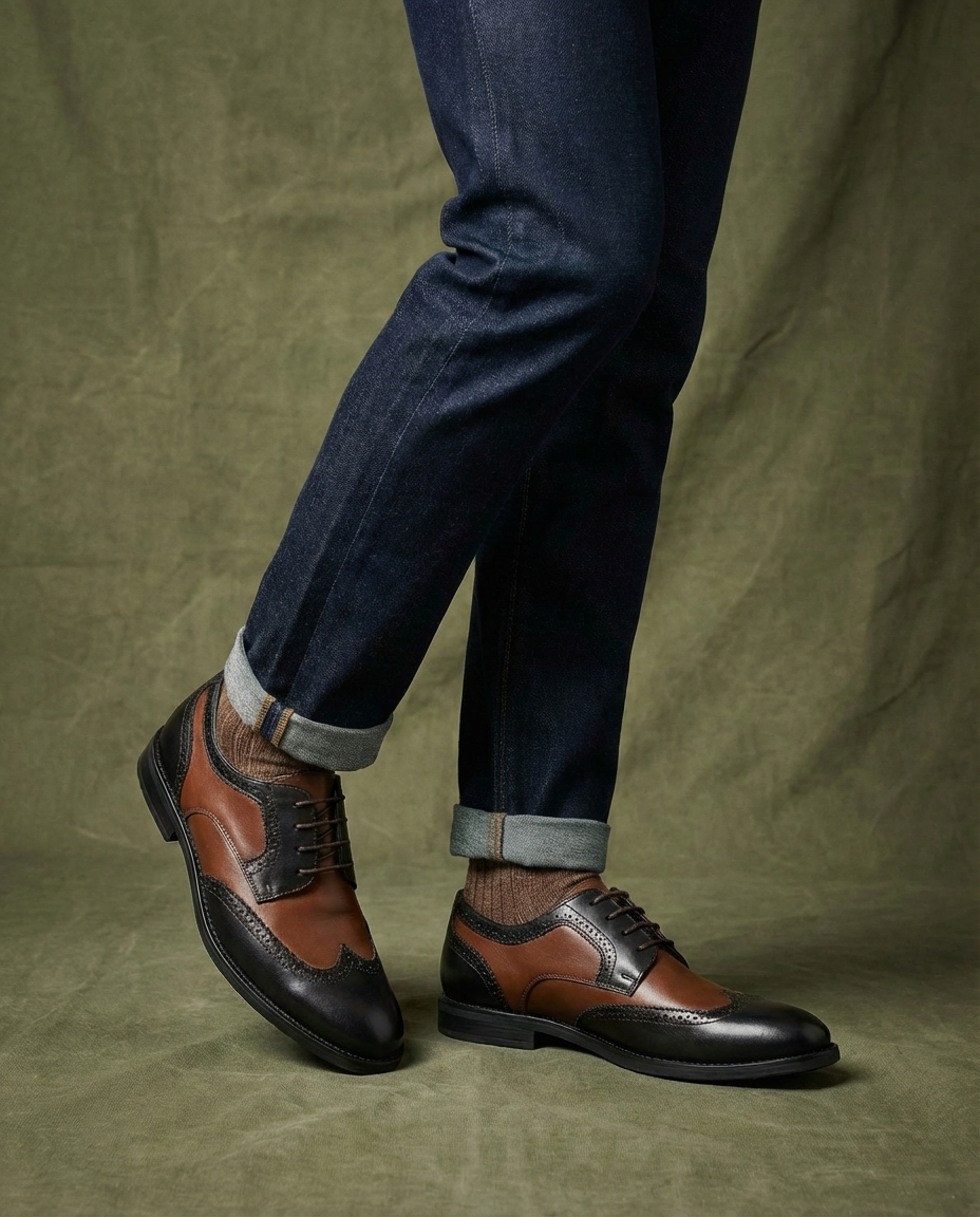 Elegant Two Tone Leather Wingtip Oxford Shoe for Women with Brogue Cap Toe Lace Up Style