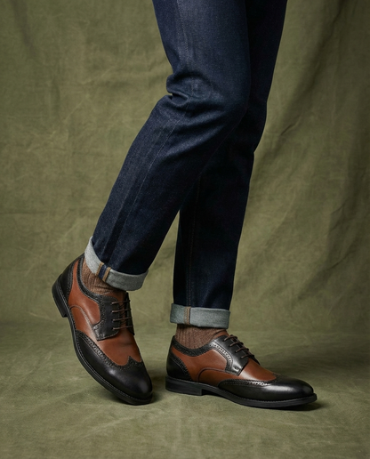 Elegant Two Tone Leather Wingtip Oxford Shoe for Women with Brogue Cap Toe Lace Up Style