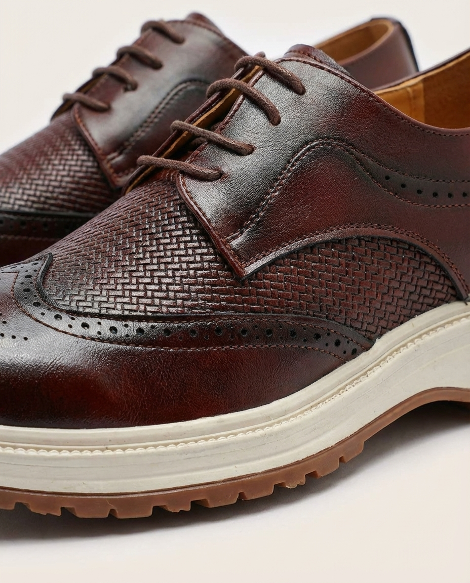 Stylish Leather Brogue Sneaker for Women with Wingtip Toe Lace Up Woven Panel Chunky Sole Style