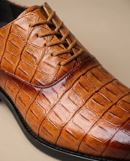Elegant Crocodile Embossed Leather Oxford Shoes for Women with Lace Up Cap Toe Stacked Heel Classic Style