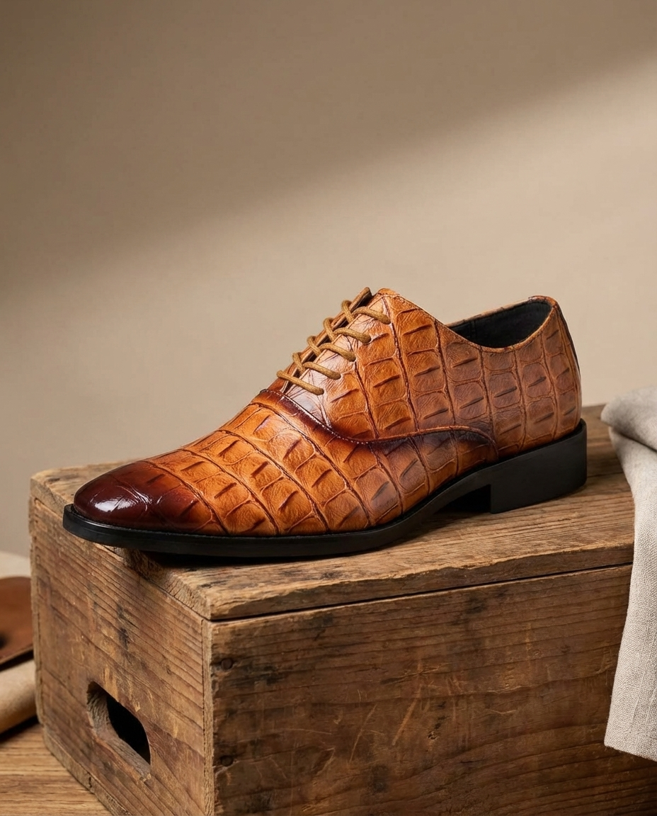 Elegant Crocodile Embossed Leather Oxford Shoes for Women with Lace Up Cap Toe Stacked Heel Classic Style