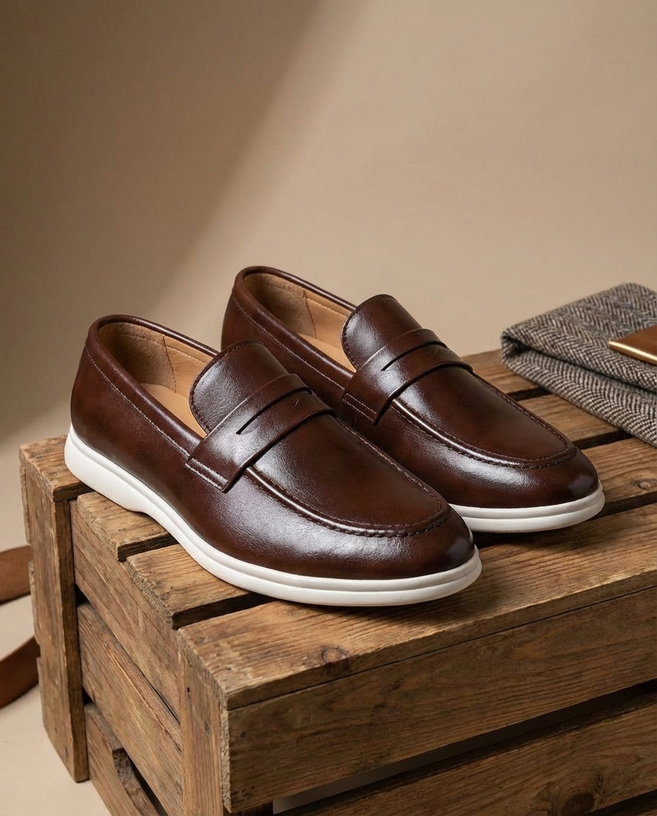 Stylish Leather Penny Loafer for Women with Moc Toe Contrast Sole Slip On Casual Style
