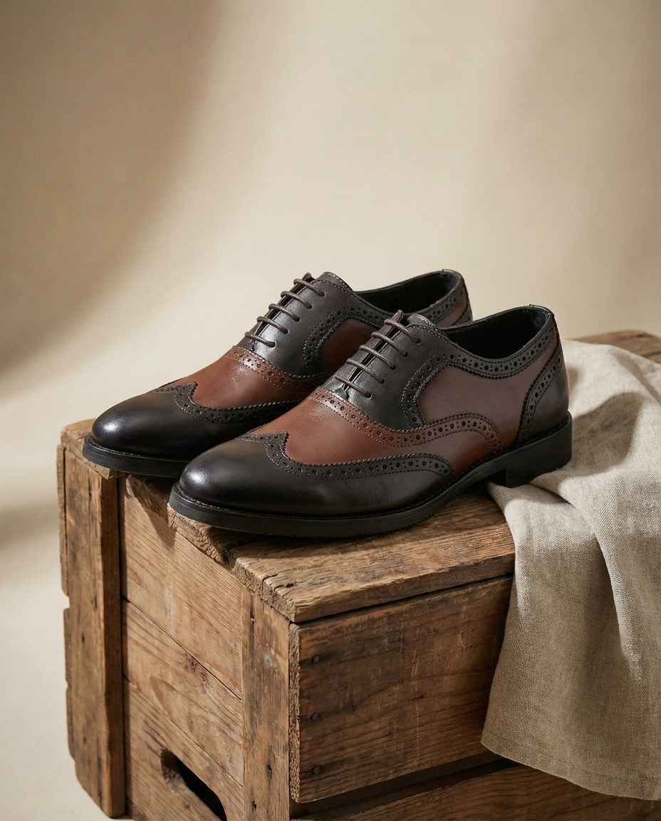 Elegant Two Tone Leather Wingtip Oxford Shoe for Women with Brogue Cap Toe Lace Up Style