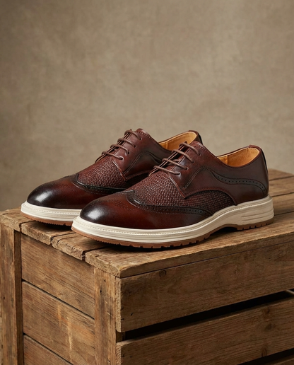 Stylish Leather Brogue Sneaker for Women with Wingtip Toe Lace Up Woven Panel Chunky Sole Style