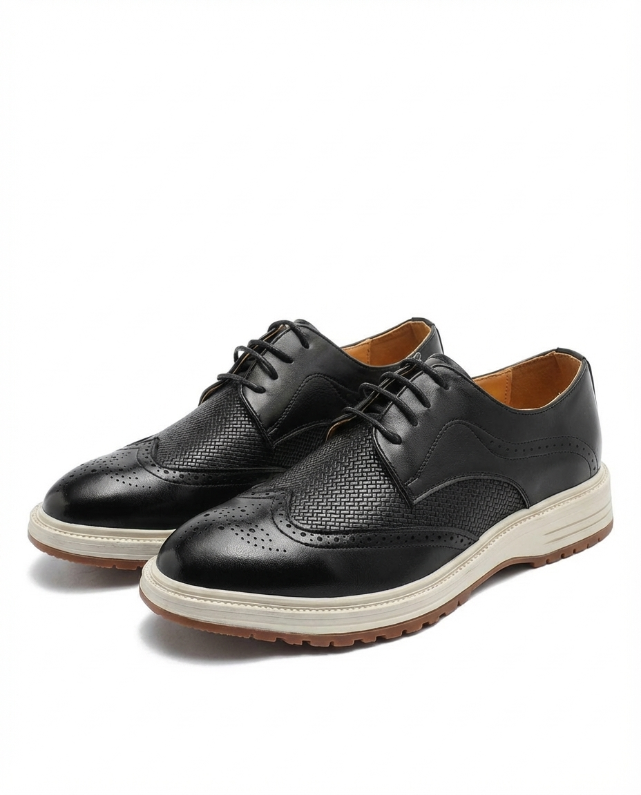 Stylish Leather Brogue Sneaker for Women with Wingtip Toe Lace Up Woven Panel Chunky Sole Style