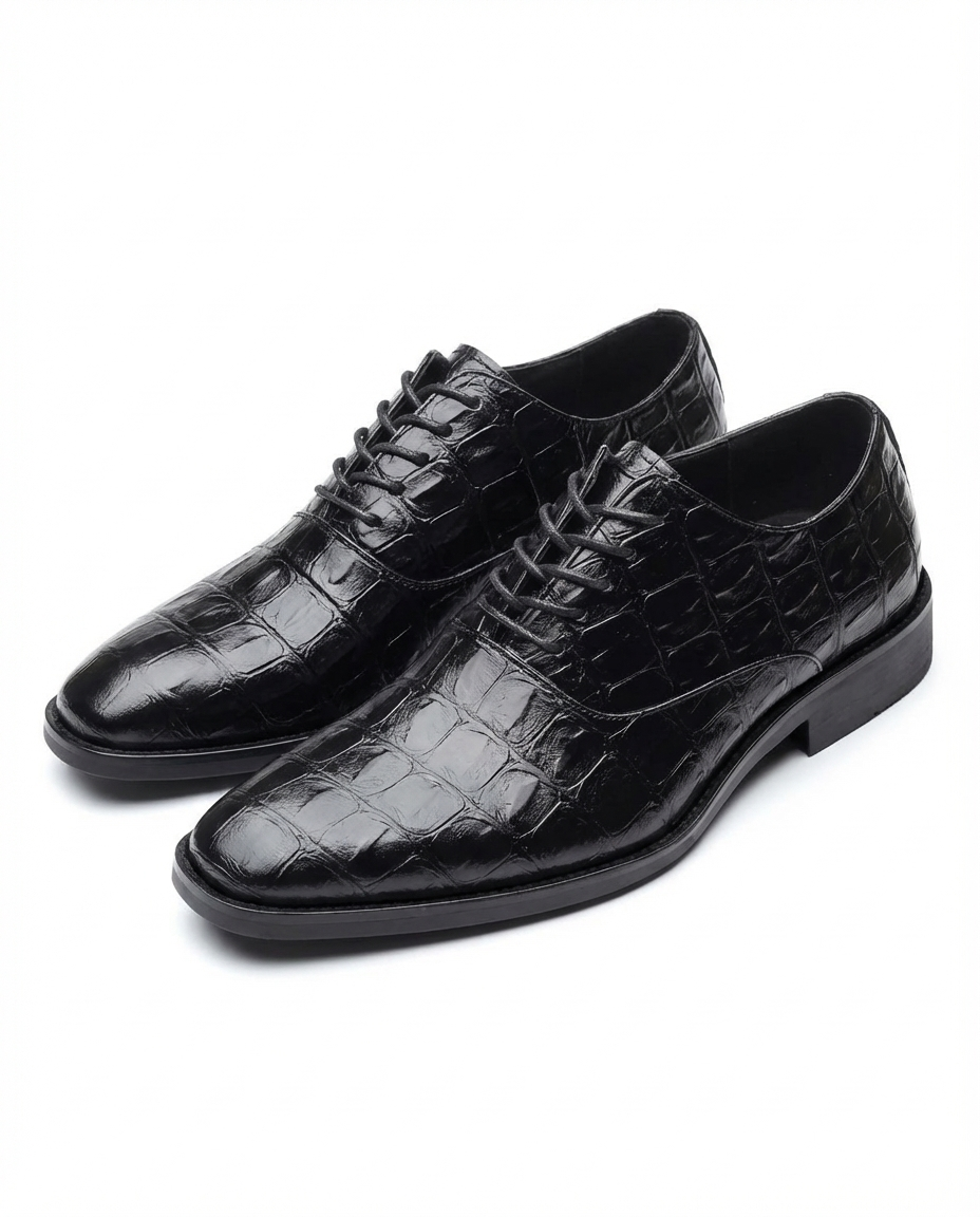 Elegant Crocodile Embossed Leather Oxford Shoes for Women with Lace Up Cap Toe Stacked Heel Classic Style