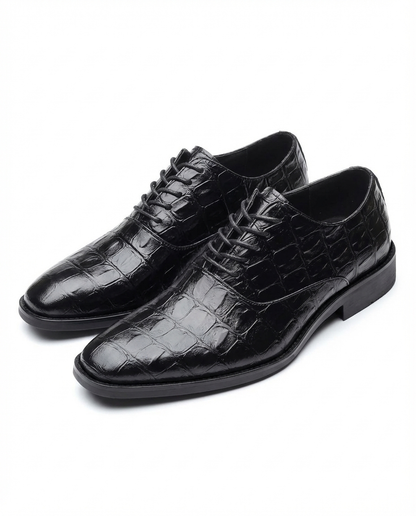 Elegant Crocodile Embossed Leather Oxford Shoes for Women with Lace Up Cap Toe Stacked Heel Classic Style