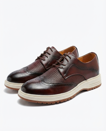 Stylish Leather Brogue Sneaker for Women with Wingtip Toe Lace Up Woven Panel Chunky Sole Style