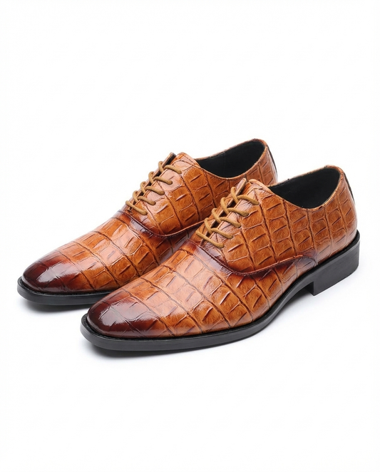 Elegant Crocodile Embossed Leather Oxford Shoes for Women with Lace Up Cap Toe Stacked Heel Classic Style
