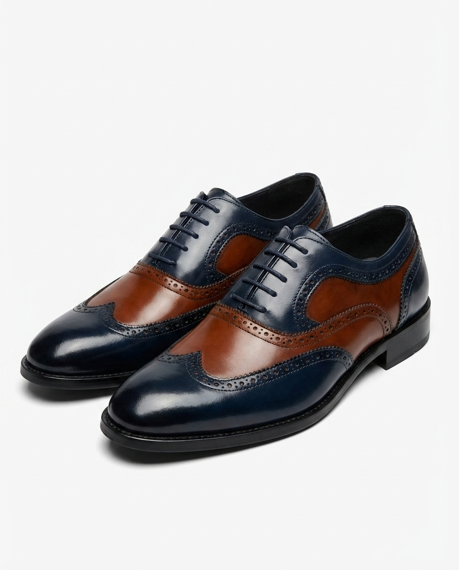 Elegant Two Tone Leather Wingtip Oxford Shoe for Women with Brogue Cap Toe Lace Up Style